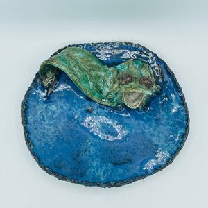 Large Studio Art Pottery Blue Green Glazed Dish Ashtray Open Mouth Frog & Leaf